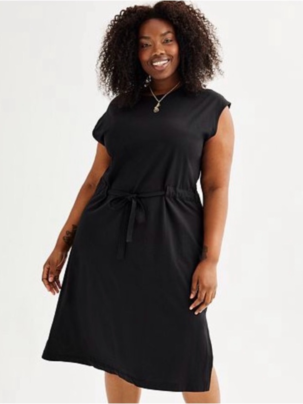 Sonoma Black Midi Tie-Waist Dress with Side Slit